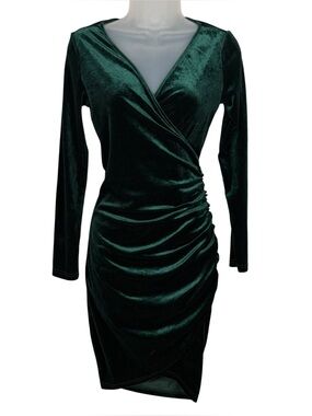 Guberry Emerald Green Velvet Long Sleeve Fitted Faux Wrap Holiday Dress Small S